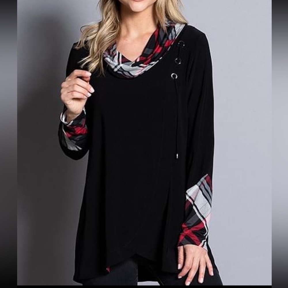 Ali Miles Mad For Plaid Tunic Top Long Sleeve Cowl Neck Womens PXL Petite XL NEW